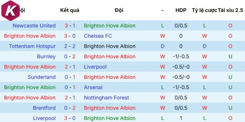 Thành tích ra sân cập nhật mới nhất Brighton
